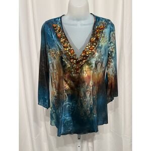 B.L.E.U. Beautiful Embellished Tunic M Vneck 3/4 looseslv NWT